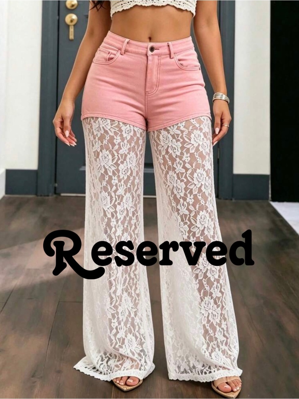 Pink High-Waist Shorts with White Lace Wide-Leg Overlay Jeans